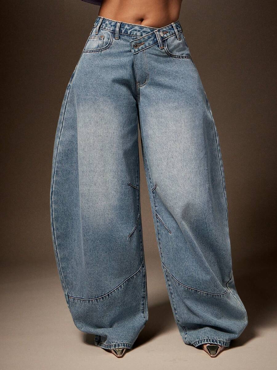 Baggy Jeans Dames met Asymmetrische Taille