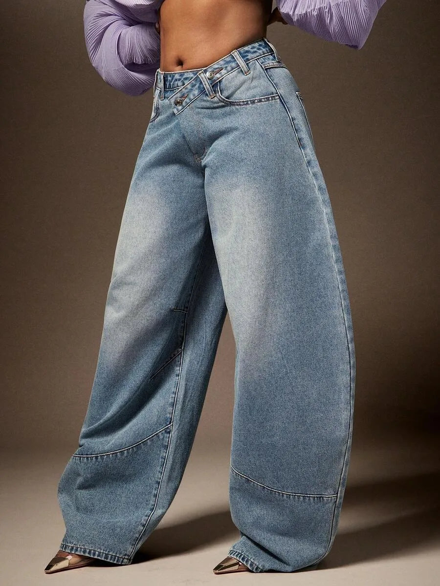 Baggy Jeans Dames met Asymmetrische Taille
