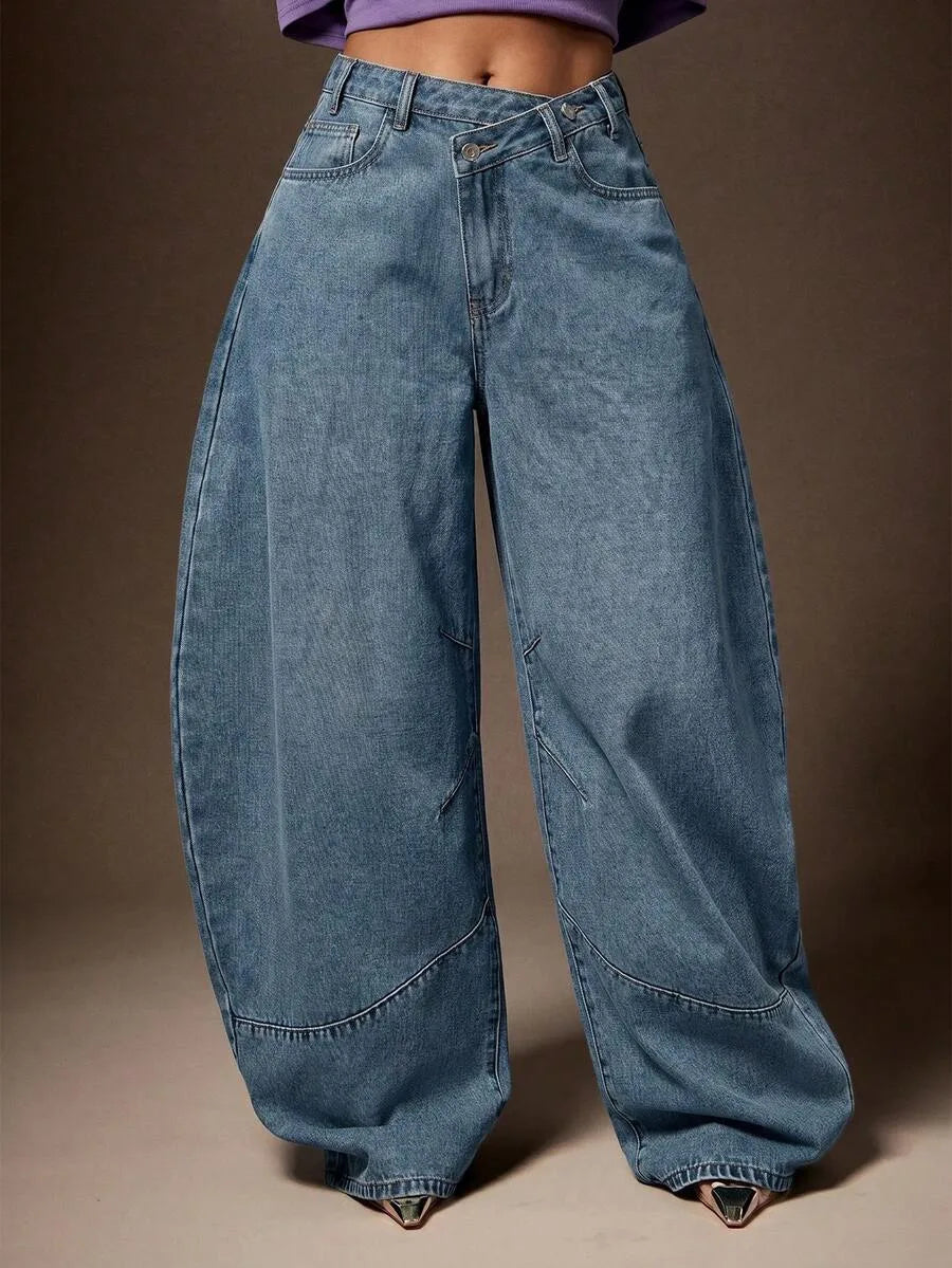 Baggy Jeans Dames met Asymmetrische Taille