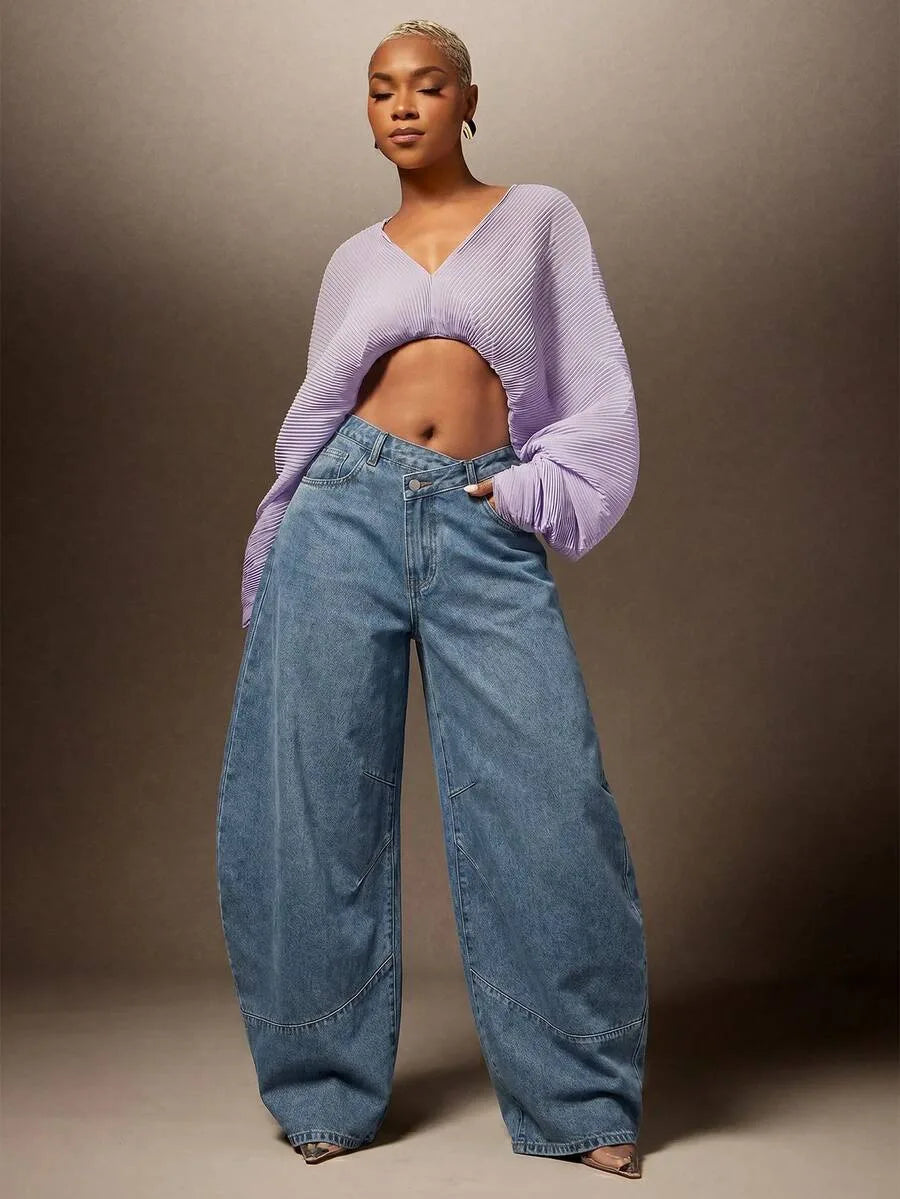 Baggy Jeans Dames met Asymmetrische Taille