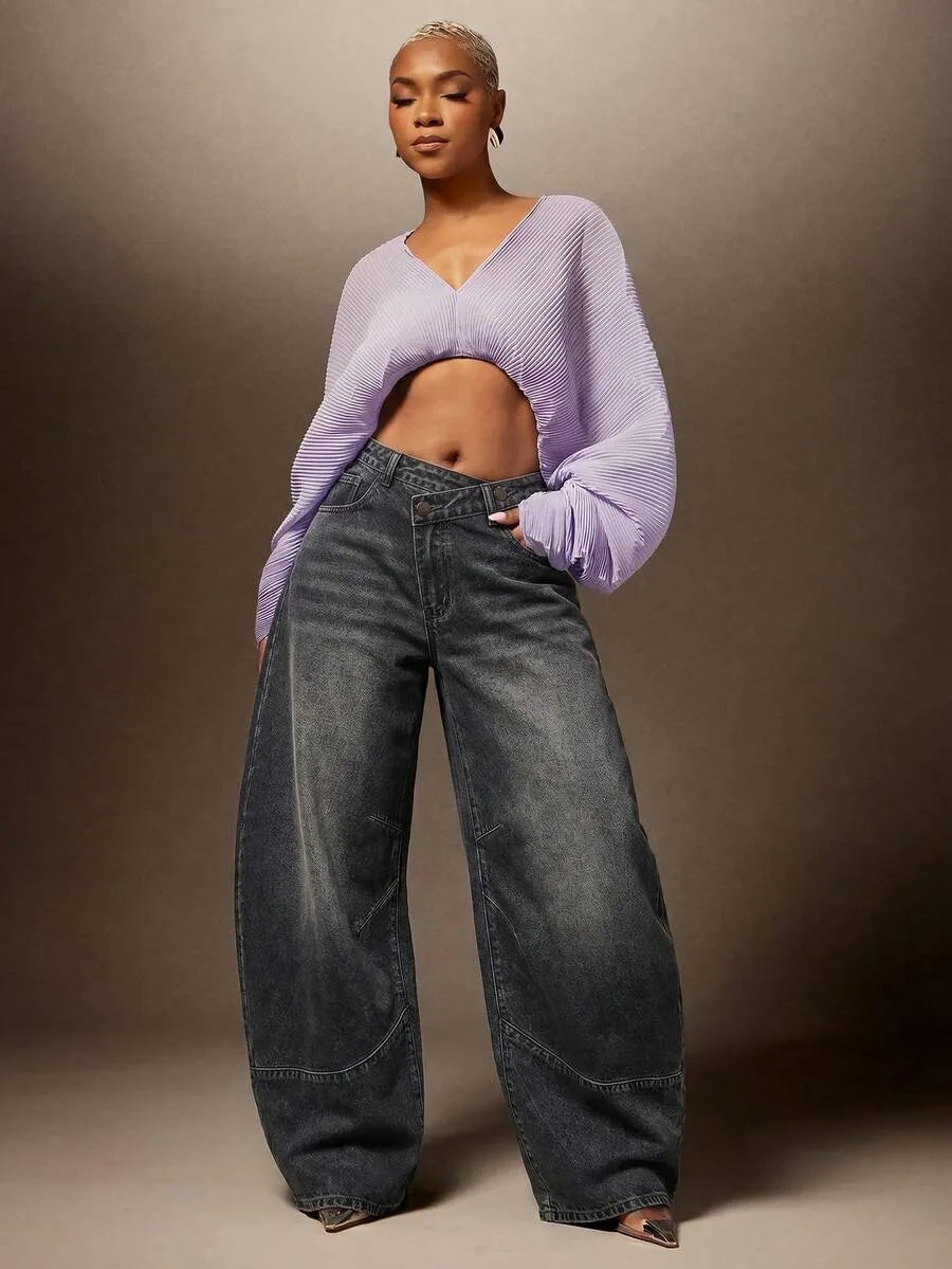 Baggy Jeans Dames met Asymmetrische Taille