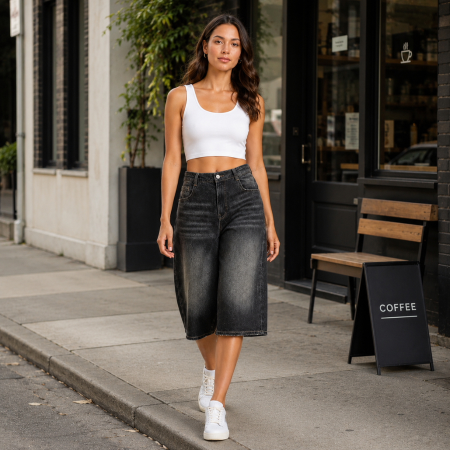 Denim bermuda short met hoge taille Dames