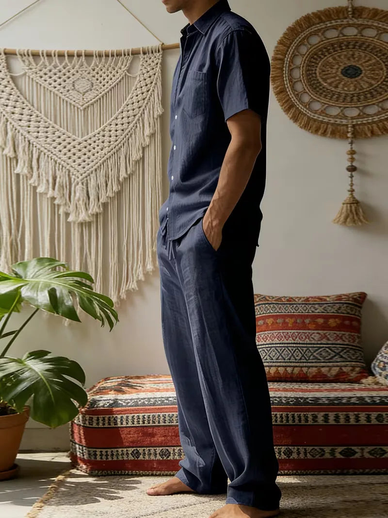 Tweedelige zomer set met wijde lange broek Heren