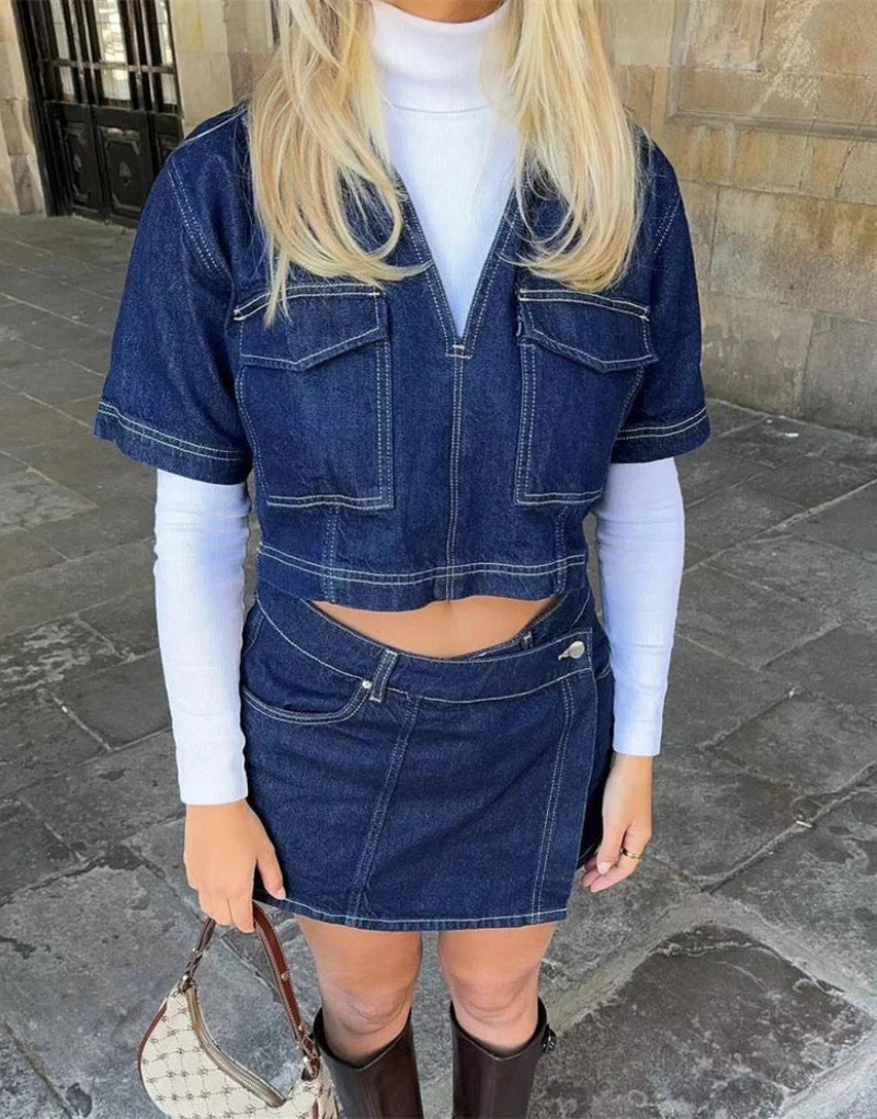 Tweedelige Denim Set met Top en Rok Dames