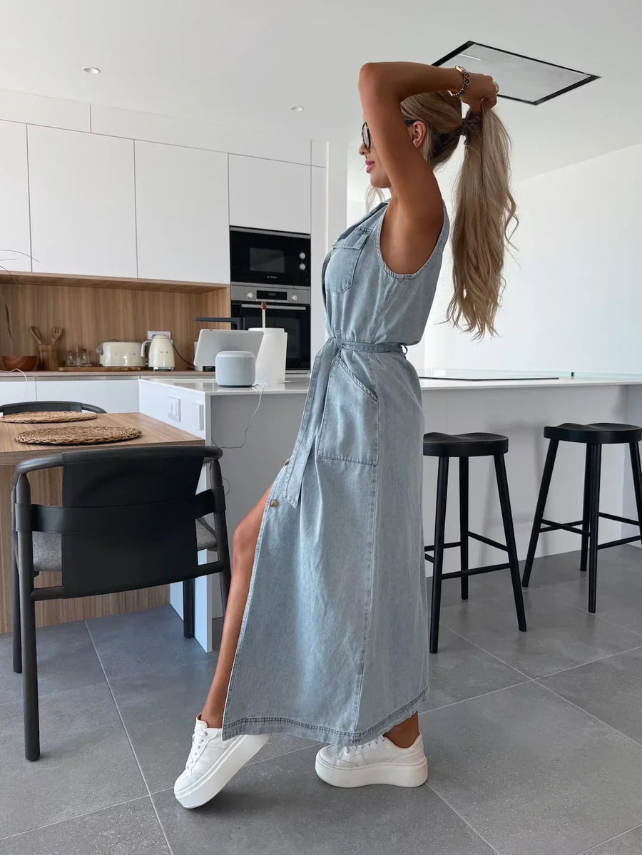 Maxi denim jurk met knopen Dames