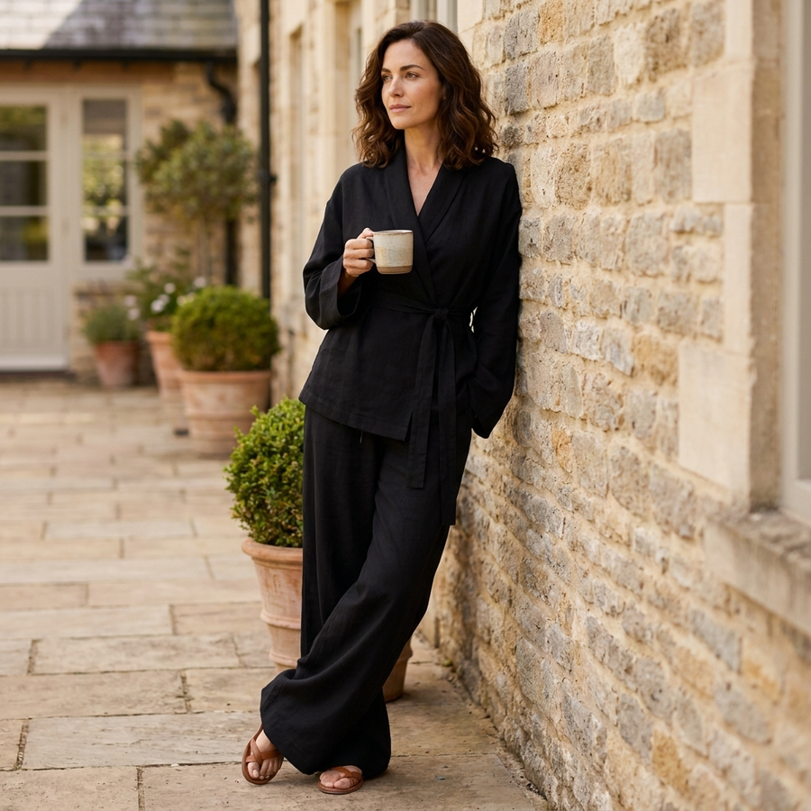 Tweedelige set met overslagtop en wijde broek Dames
