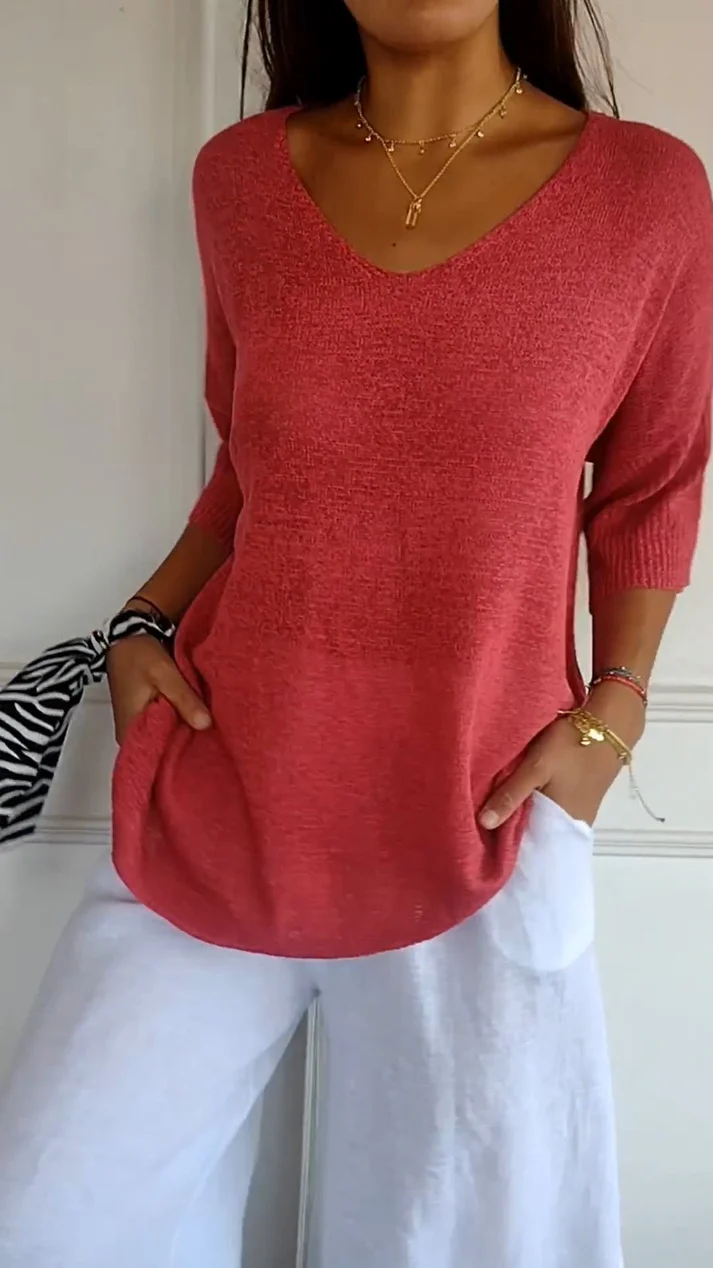 Blouse met V-hals en driekwart mouwen Dames