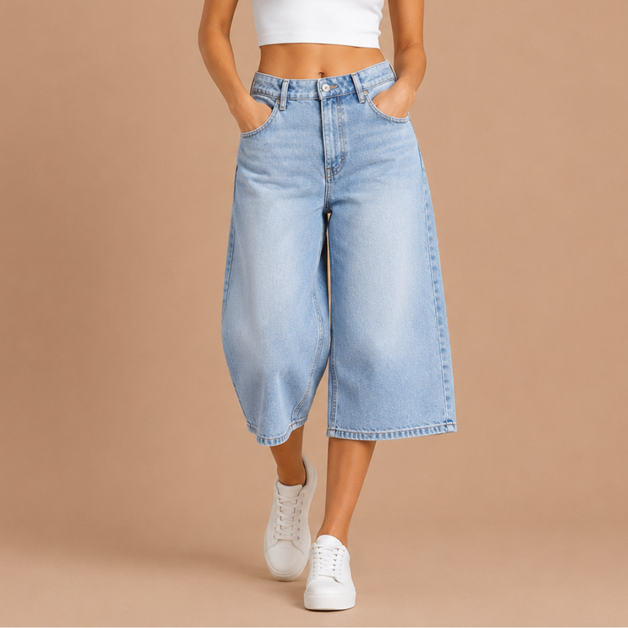 Denim bermuda short met hoge taille Dames