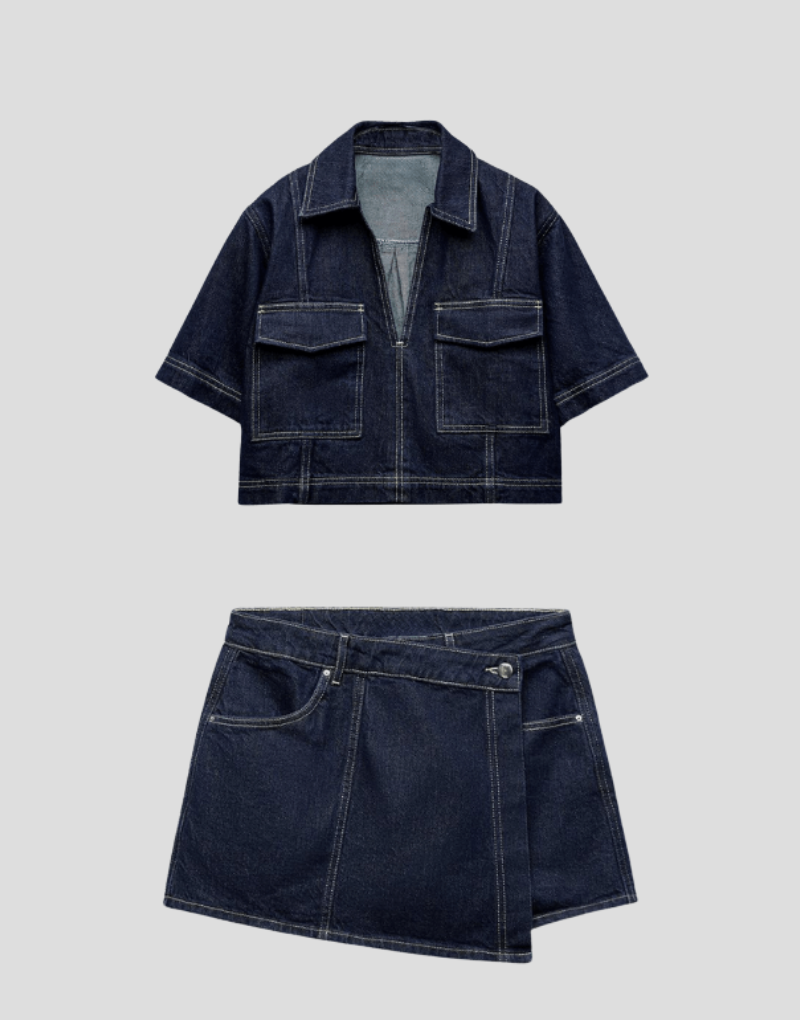 Tweedelige Denim Set met Top en Rok Dames