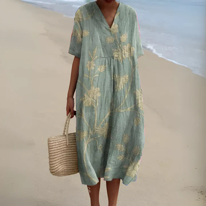 Midi Jurk Zomerse Print V-hals Dames