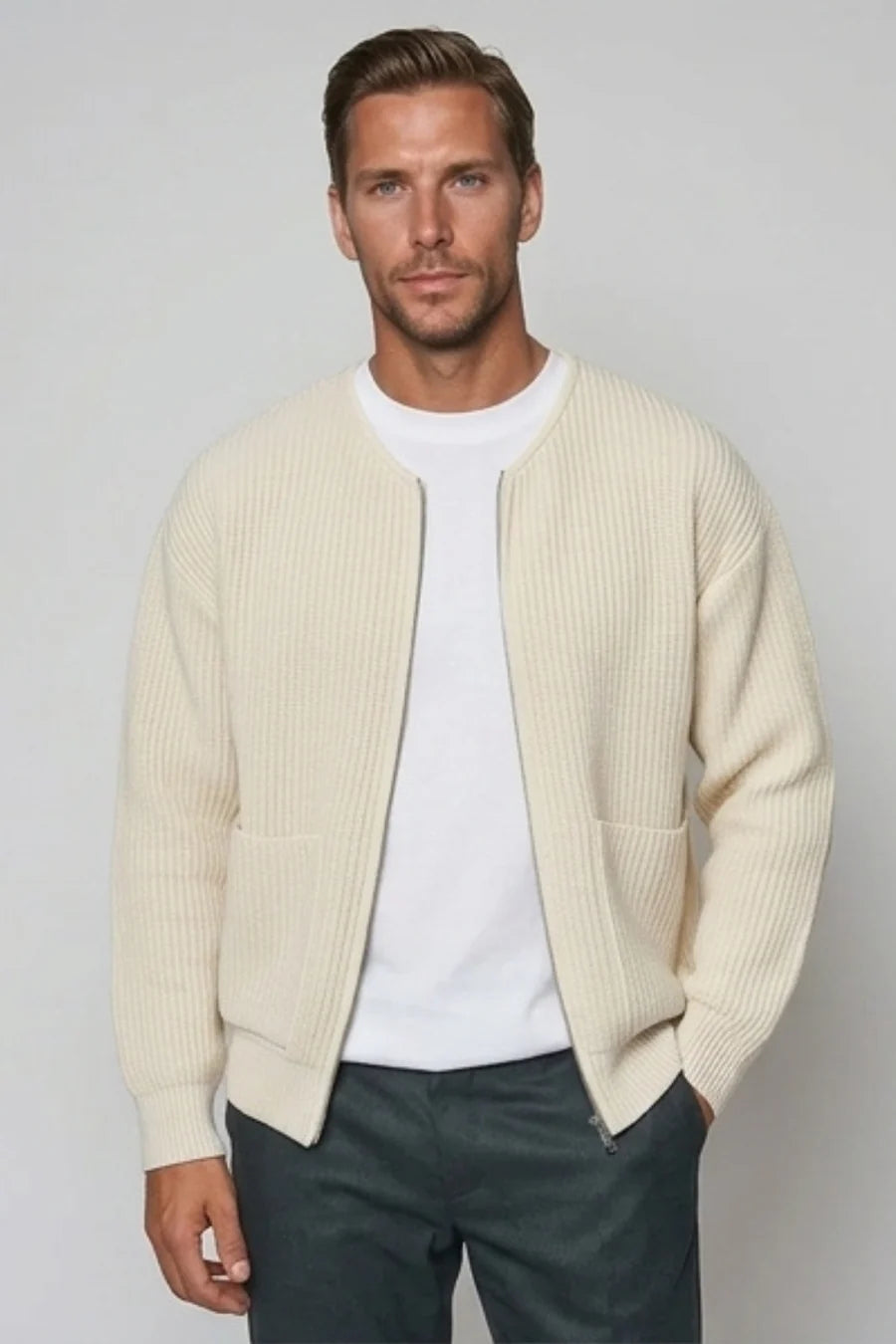Gebreid vest heren met zakken - Beige