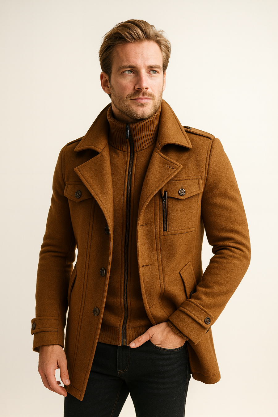 Heren lange jas wol met sjaalkraag