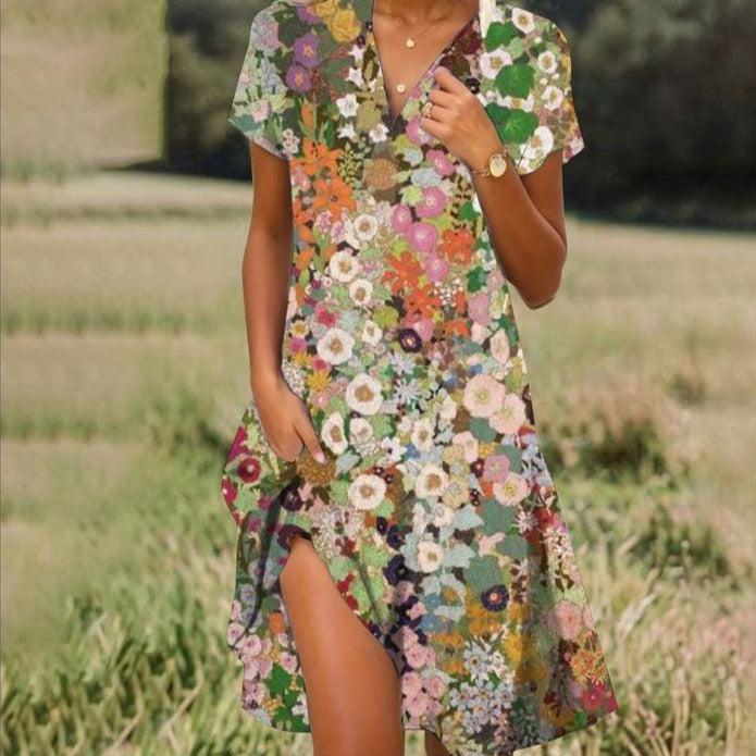 Midi Jurk met V-hals en Bloemenprint Dames