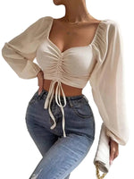 Mesh top met V-hals en lange mouwen Dames