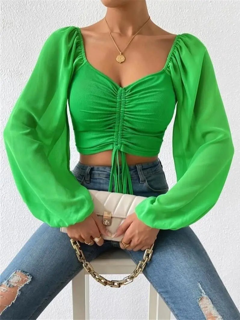 Mesh top met V-hals en lange mouwen Dames