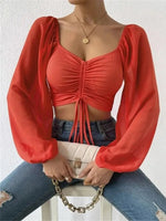 Mesh top met V-hals en lange mouwen Dames