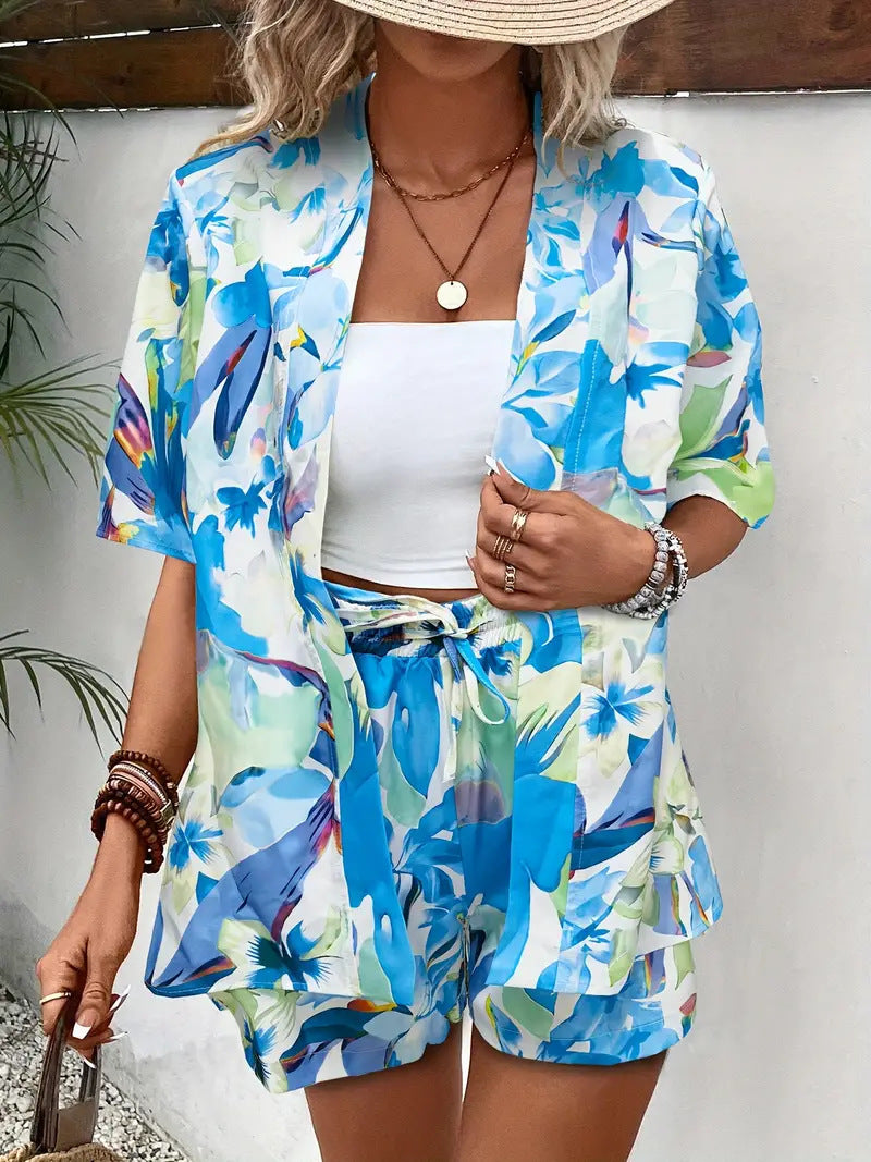 Geprinte Co-ord set met overhemd en short Dames