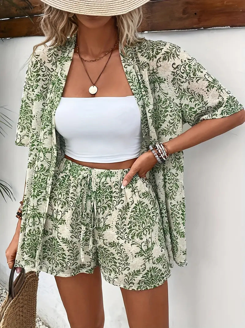 Geprinte Co-ord set met overhemd en short Dames