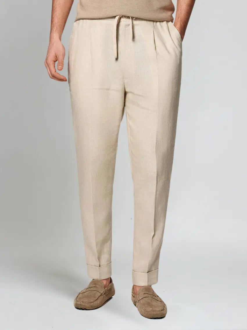 Linnen zomer broek elastische taille heren – Beige