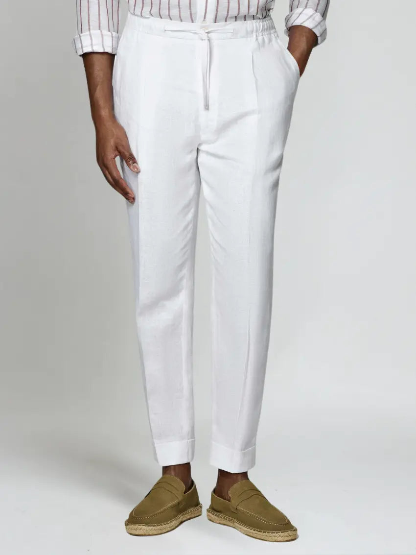 Linnen zomer broek elastische taille heren – Wit