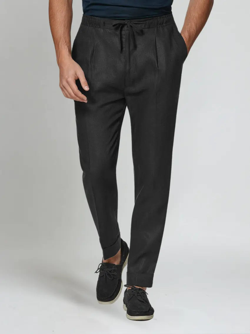 Linnen zomer broek elastische taille heren – Zwart