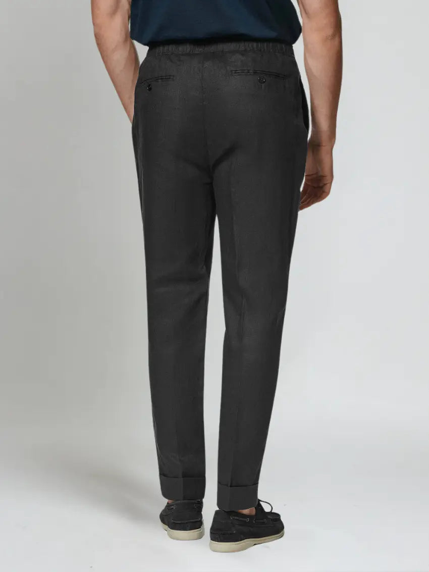 Linnen zomer broek elastische taille heren – Zwart