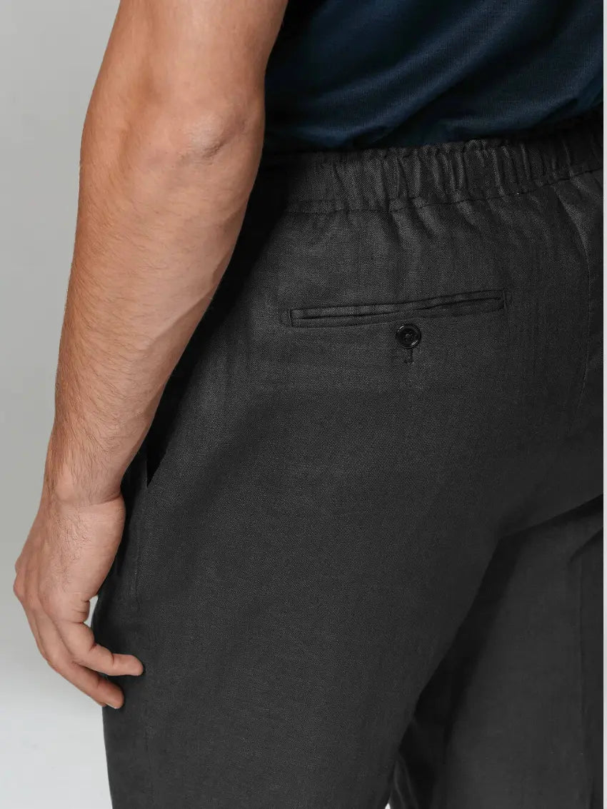 Linnen zomer broek elastische taille heren – Zwart