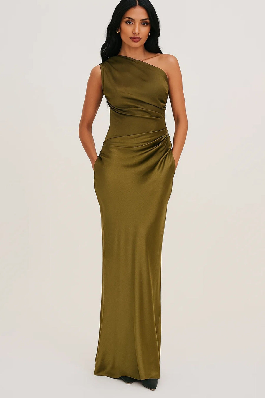 One Shoulder Maxi Jurk met Geplooide Taille Dames
