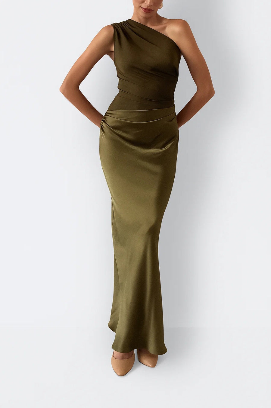 One Shoulder Maxi Jurk met Geplooide Taille Dames