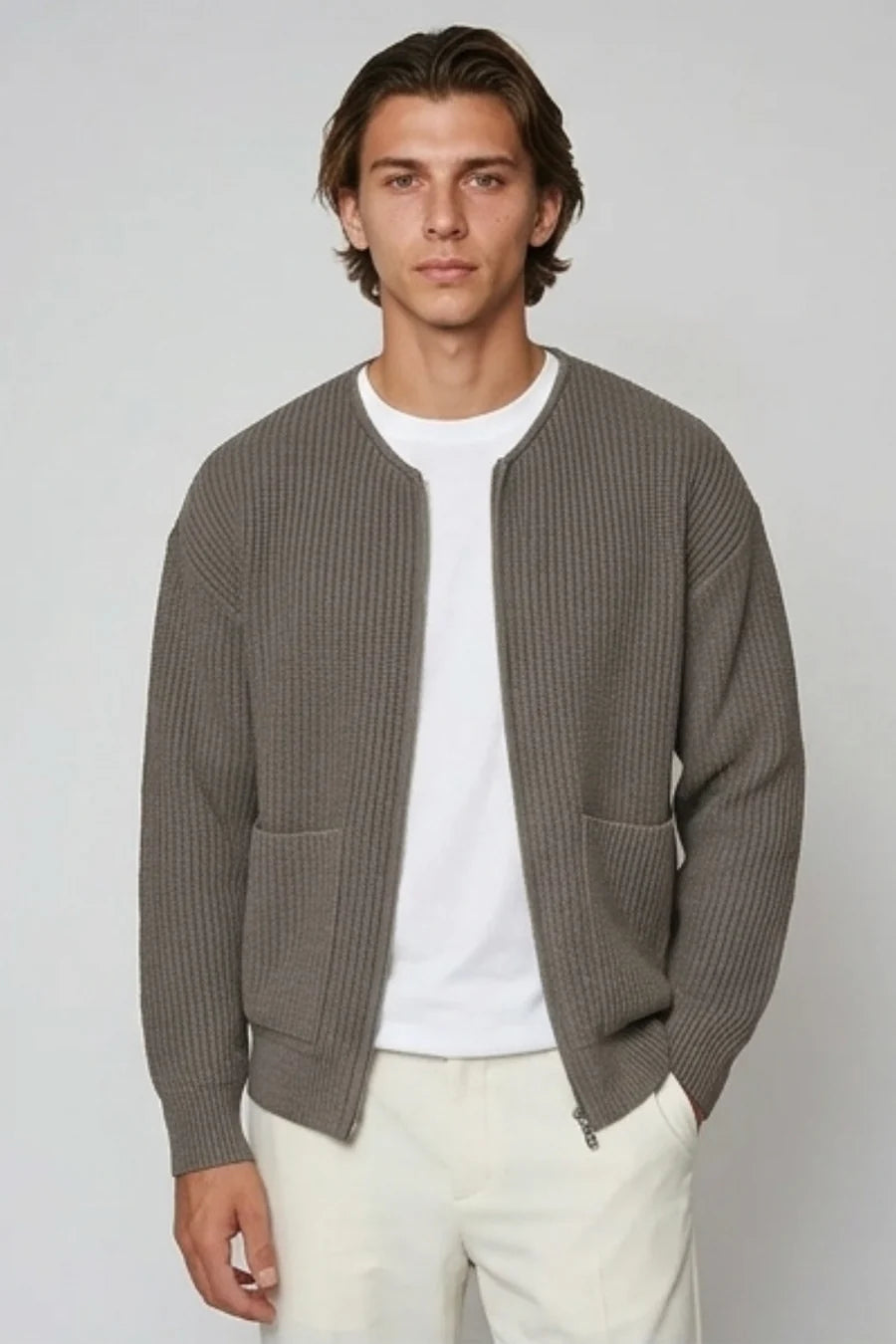 Gebreid vest heren met zakken - Taupe