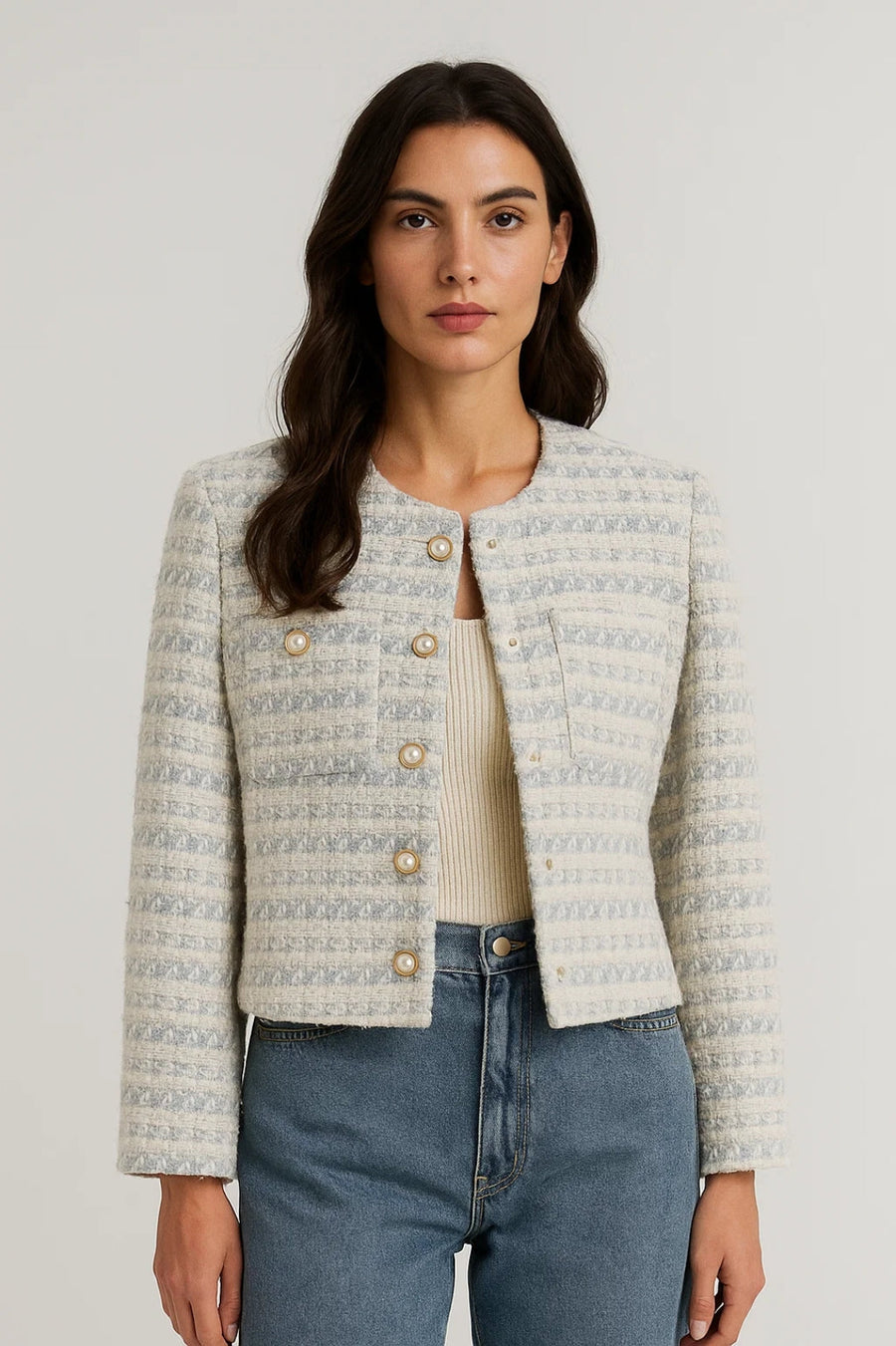 Bouclé Blazer met Parelknopen Dames