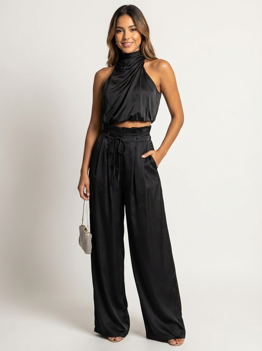 Co-ord Set Dames Satijn Haltertop en Wijde Broek