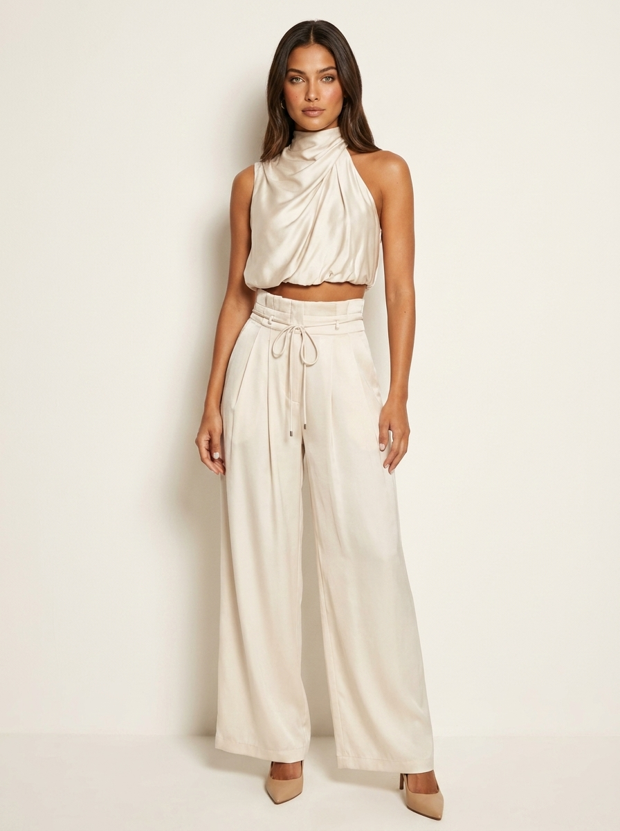 Co-ord Set Dames Satijn Haltertop en Wijde Broek