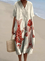 Midi Jurk Zomerse Print V-hals Dames