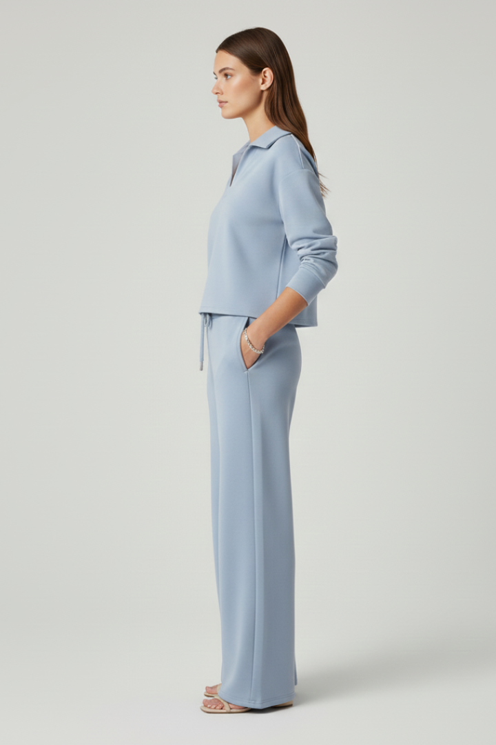 Co-ord Lounge Set Dames met V-Hals en Wijde Broek