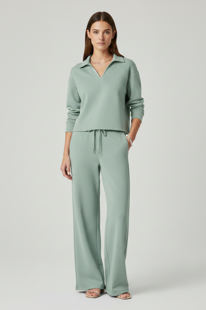 Co-ord Lounge Set Dames met V-Hals en Wijde Broek
