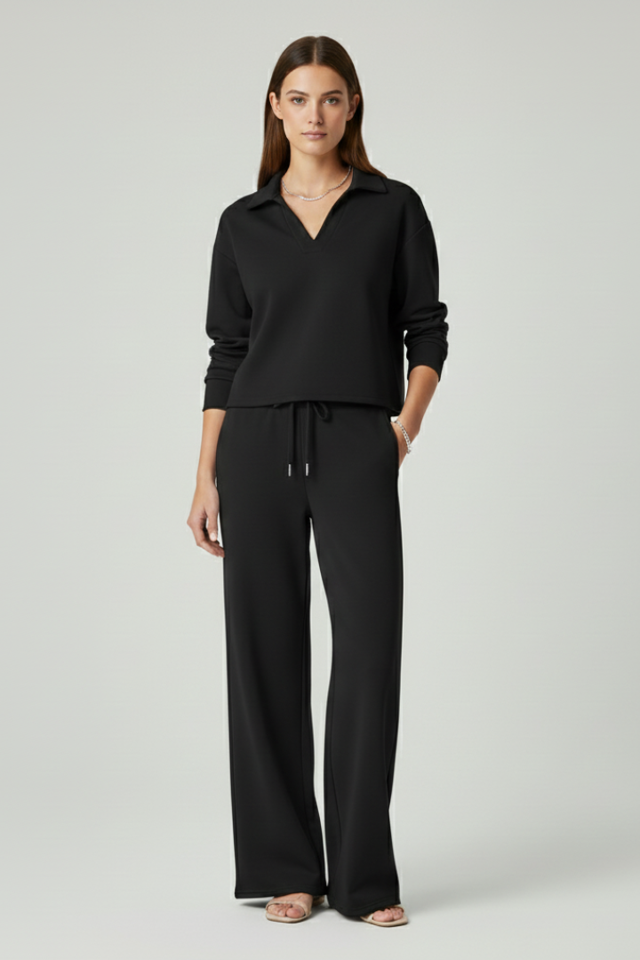 Co-ord Lounge Set Dames met V-Hals en Wijde Broek