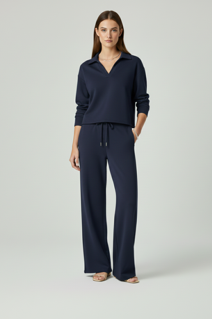 Co-ord Lounge Set Dames met V-Hals en Wijde Broek