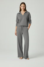 Co-ord Lounge Set Dames met V-Hals en Wijde Broek