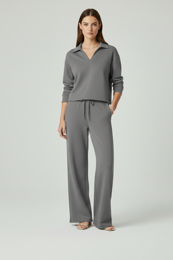 Co-ord Lounge Set Dames met V-Hals en Wijde Broek