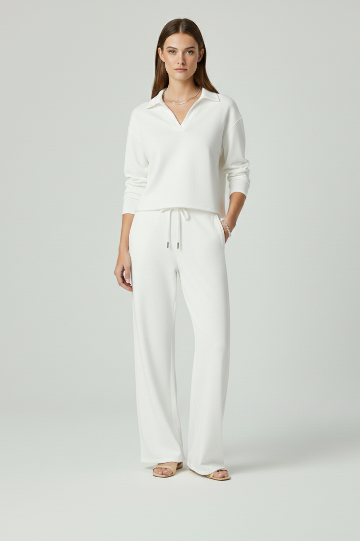 Co-ord Lounge Set Dames met V-Hals en Wijde Broek
