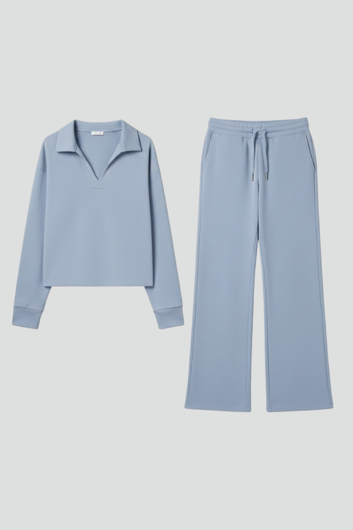 Co-ord Lounge Set Dames met V-Hals en Wijde Broek