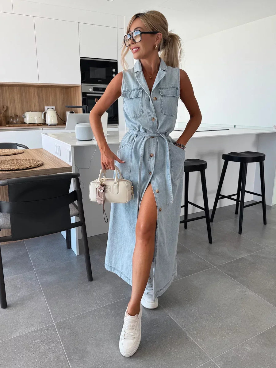 Maxi denim jurk met knopen Dames