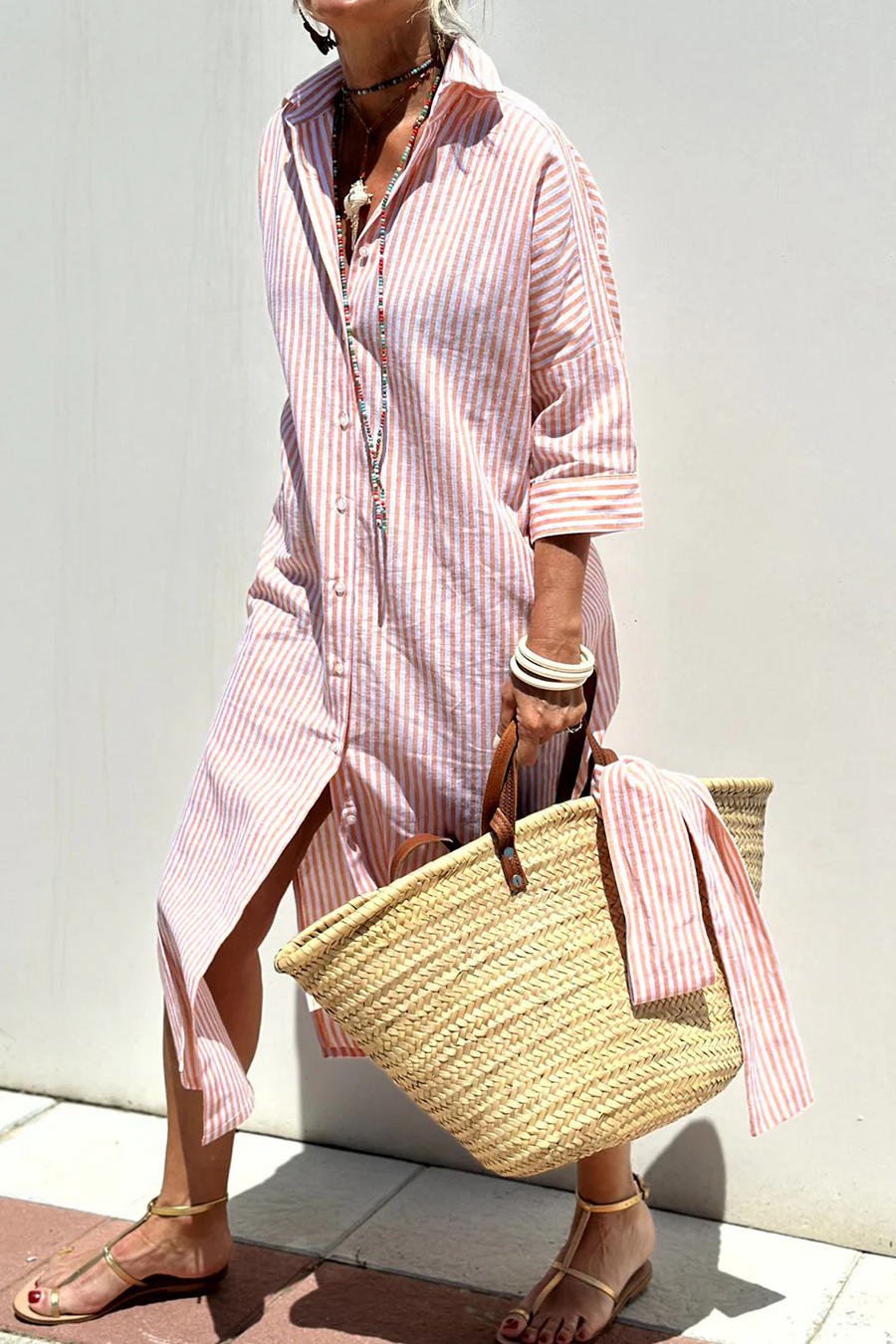 Gestreepte Midi Zomerjurk met knoopjes dames