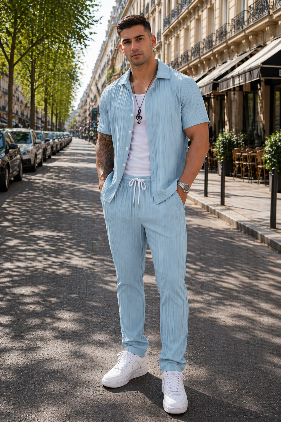 Tweedelige linnen zomer set met lange broek Heren