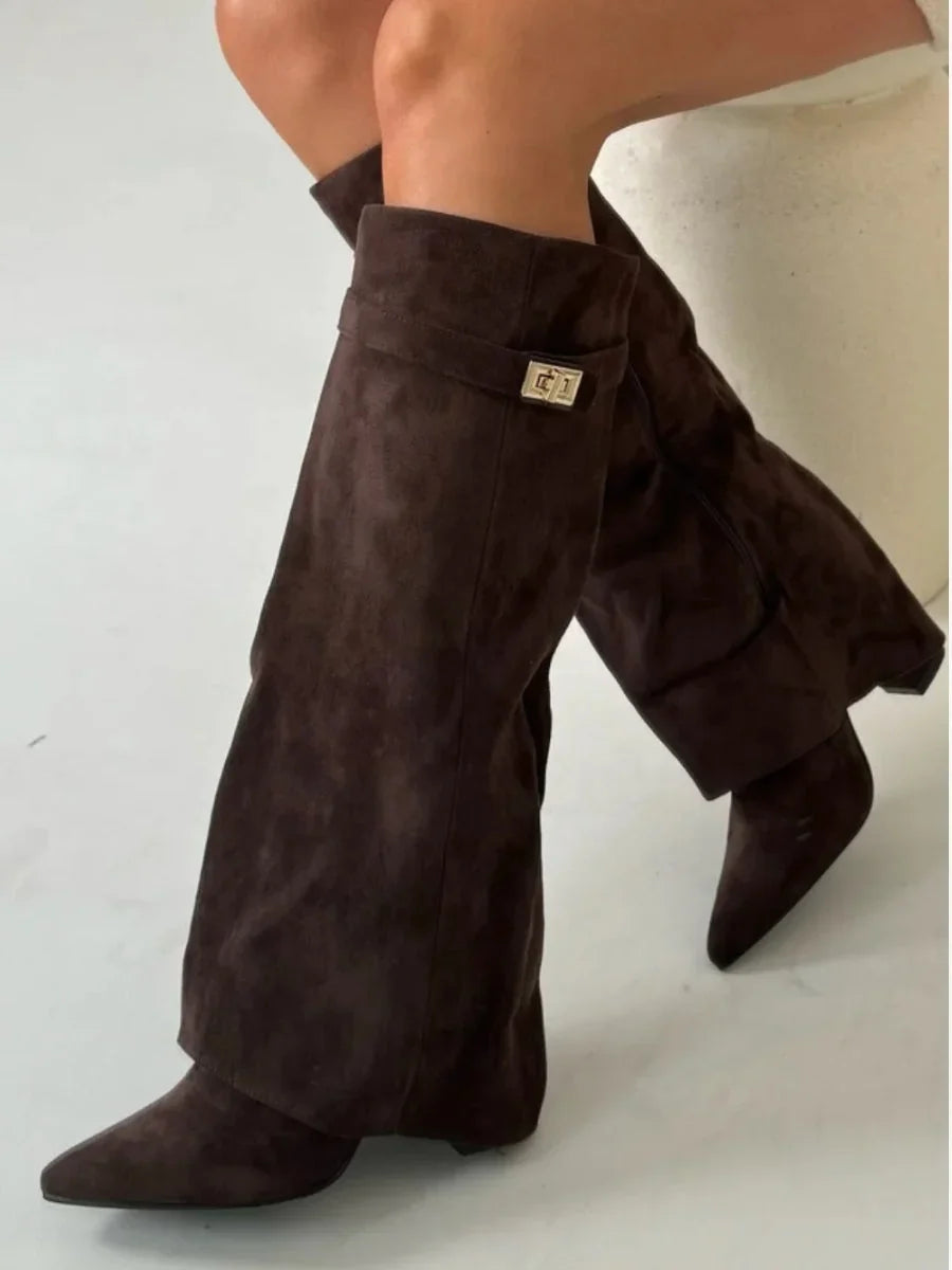 Hoge PU suede laarzen met metalen gesp dames