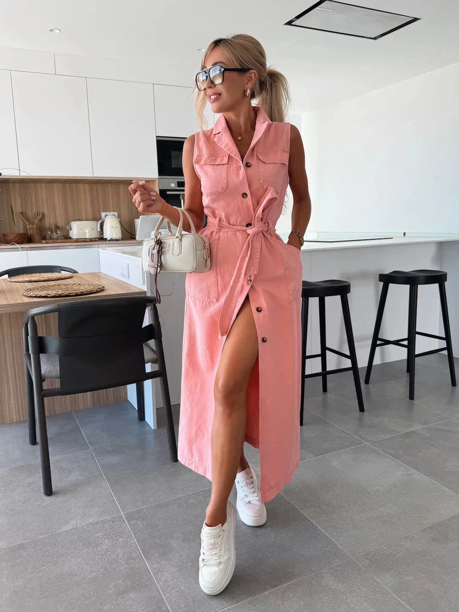 Maxi denim jurk met knopen Dames