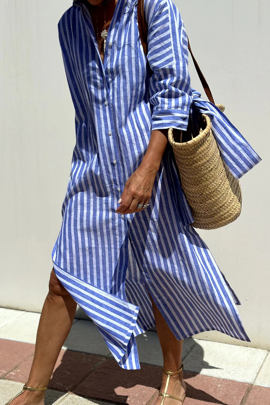 Gestreepte Midi Zomerjurk met knoopjes dames