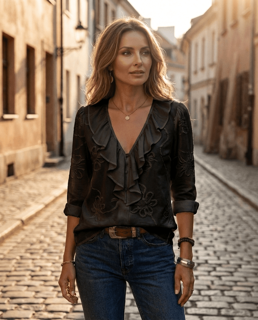 Blouse met lange mouwen en V-hals Dames