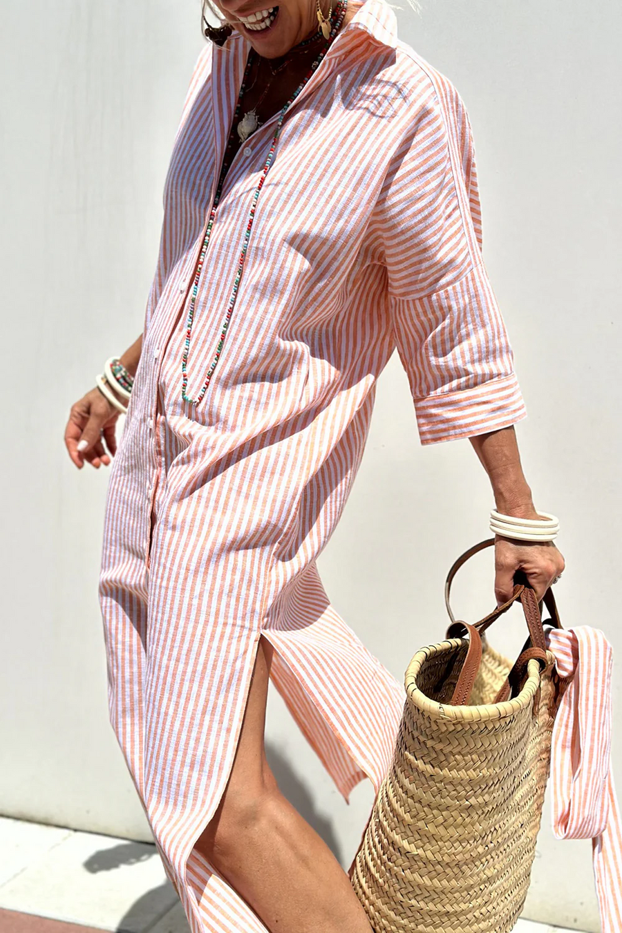 Gestreepte Midi Zomerjurk met knoopjes dames